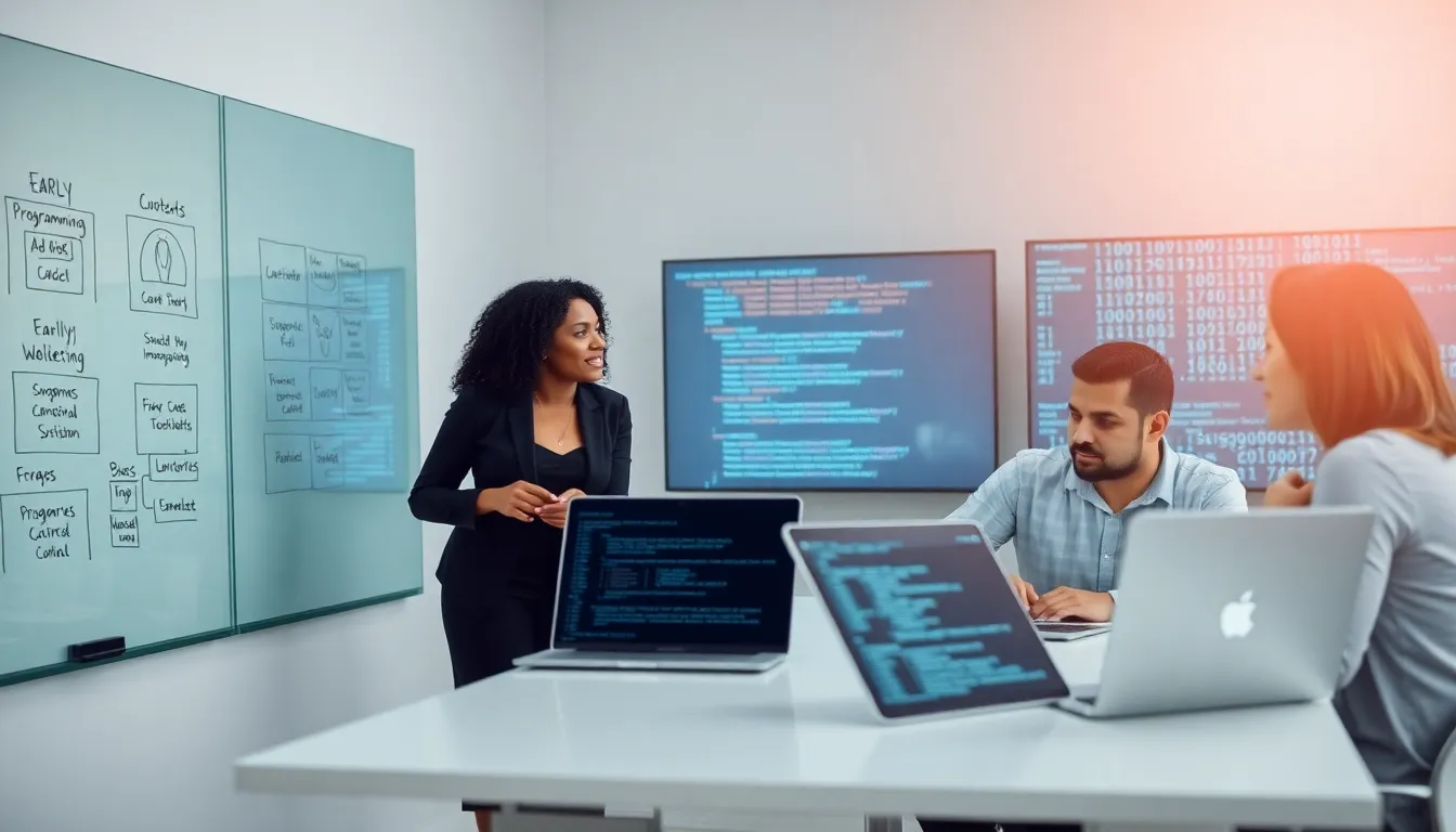 professionals discussing early programming languages in a modern office.