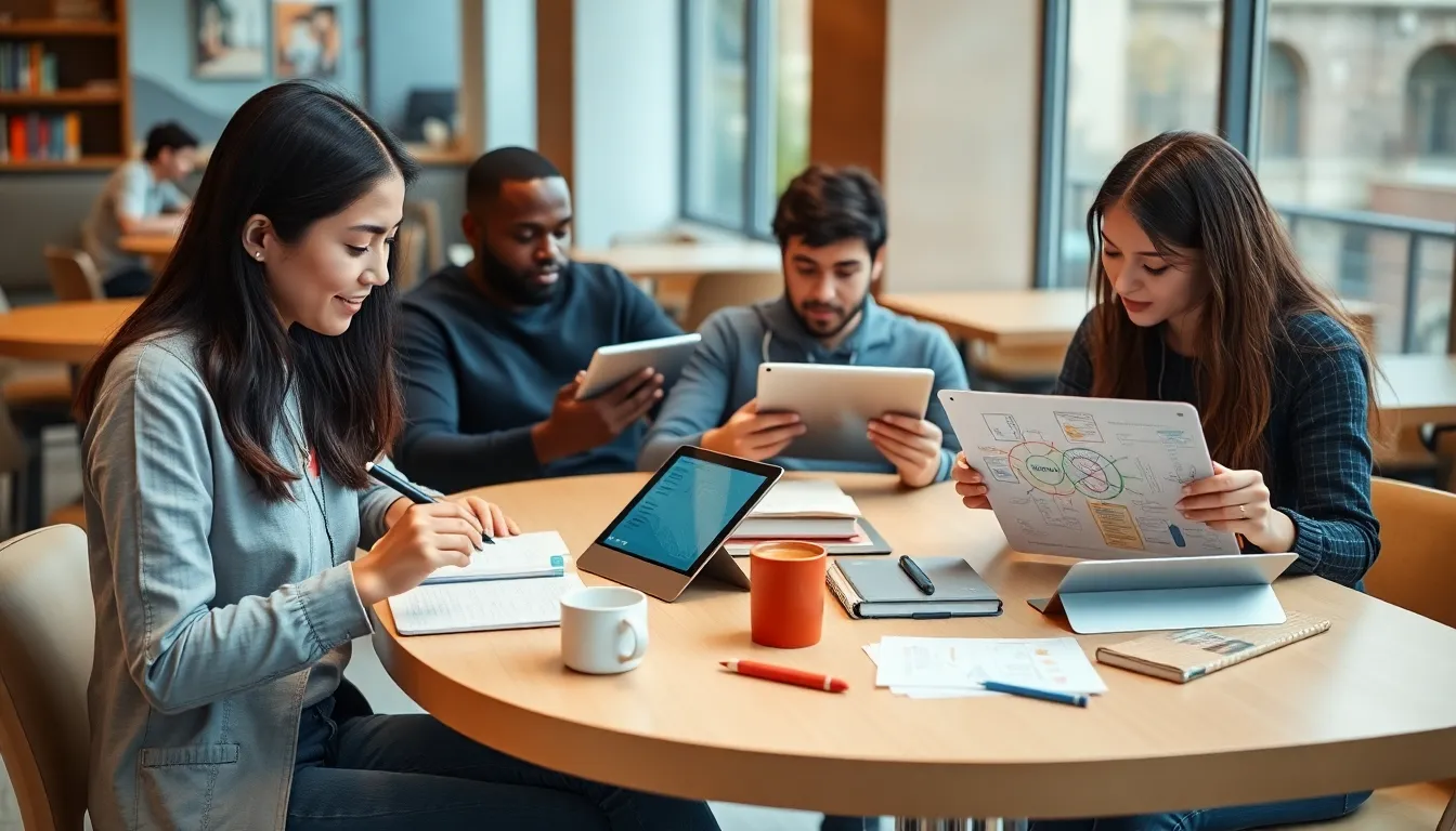 diverse college students using iPads in a modern café.