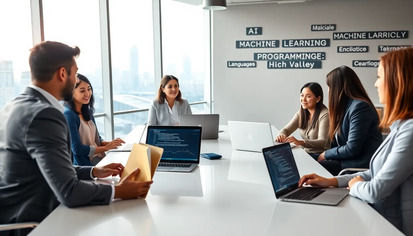 diverse professionals discussing programming languages in a modern office.