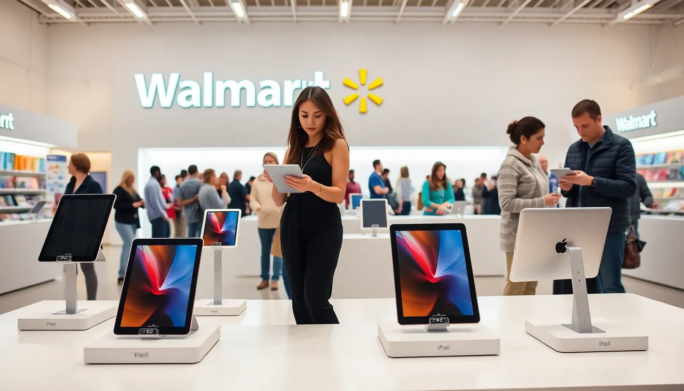Display of various iPad models in a Walmart electronics section.