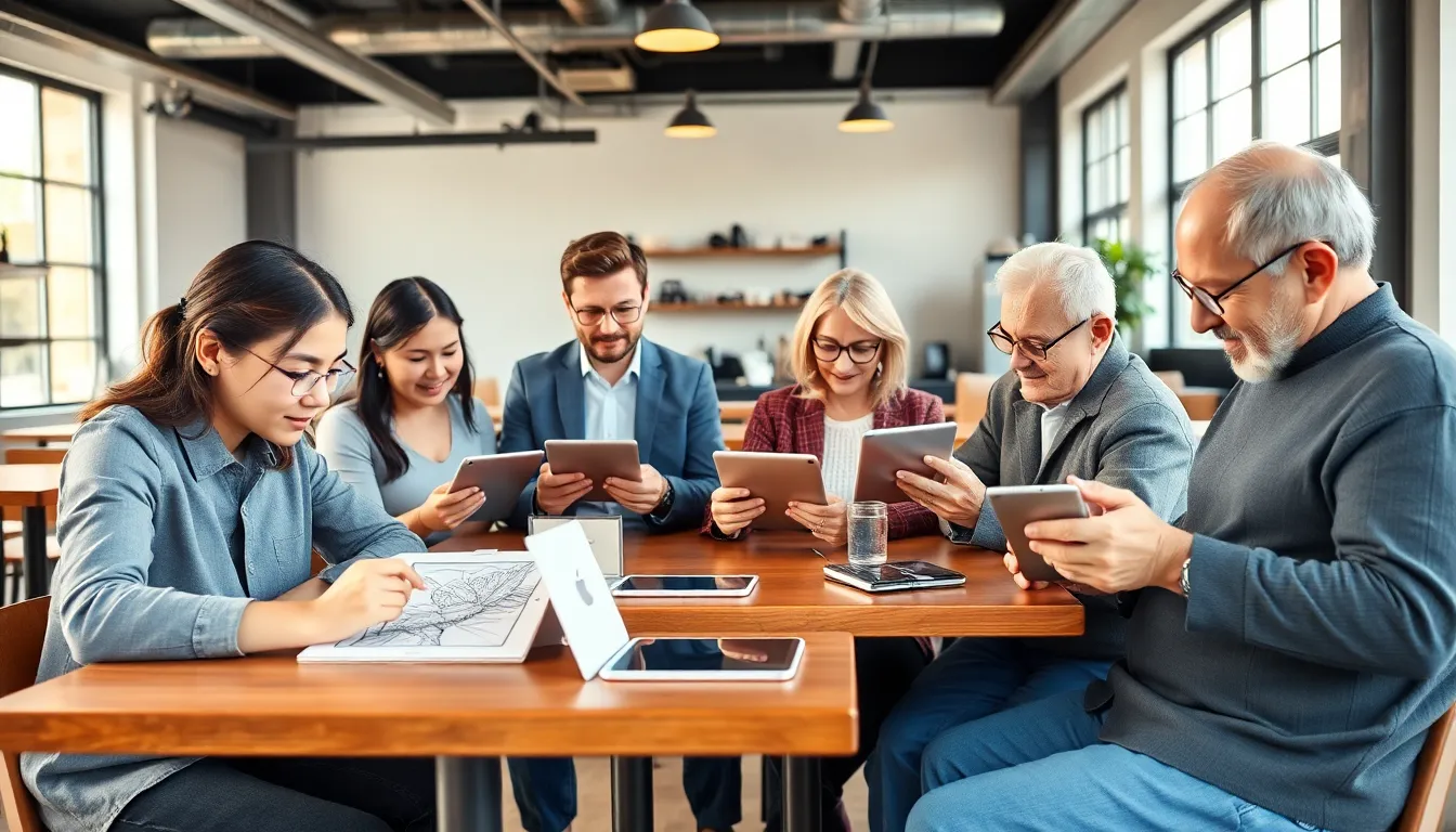 diverse group using iPads in a modern coffee shop.