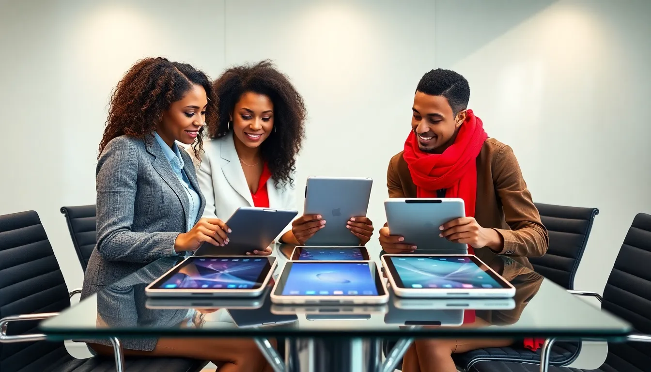 professionals discussing supported iPads in a modern office setting.