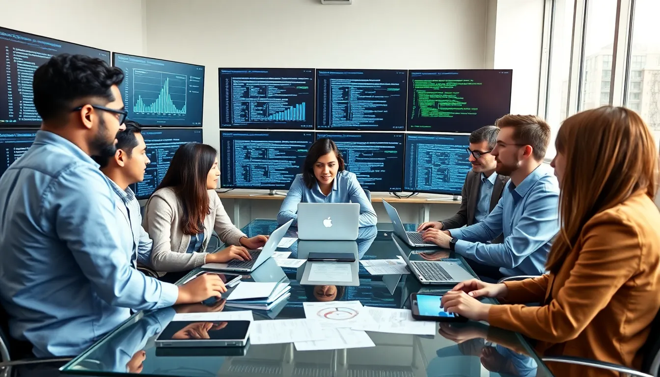 diverse data scientists collaborating in a modern office setting.